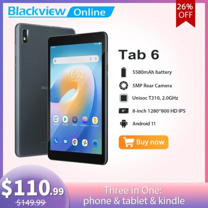 Blackview Tab 6 – 8-inch Android 11 Tablet, Unisoc T310 Quad Core, 3GB+32GB, 5580mAh Big Battery, 2MP+5MP Camera Product Image #22213 With The Dimensions of 1200 Width x 1200 Height Pixels. The Product Is Located In The Category Names Computer & Office → Tablets