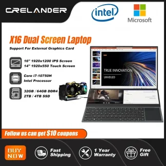 CRELANDER Dual Screen Laptop: 16 Inch, 14 Inch Touch Screen, Intel Core i7-10750H, Portable Gaming Notebook PC Product Image #28116 With The Dimensions of  Width x  Height Pixels. The Product Is Located In The Category Names Computer & Office → Laptops