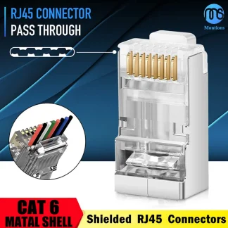Shielded RJ45 Cat6A Pass Through Connectors - Gold Plated 8P8C Modular Plugs for Crimping Ethernet Cable Ends Product Image #25014 With The Dimensions of  Width x  Height Pixels. The Product Is Located In The Category Names Computer & Office → Computer Cables & Connectors
