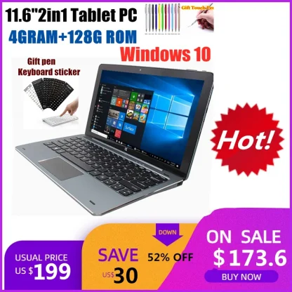 11.6-inch 2-in-1 Tablet PC with Docking Keyboard - Windows 10, 4GB RAM, 128GB Storage, 1920x1080 IPS Display, HDMI-Compatible Product Image #2488 With The Dimensions of 800 Width x 800 Height Pixels. The Product Is Located In The Category Names Computer & Office → Tablets